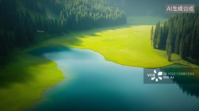 【AI数字艺术】户外风景——绿色森林与蓝色湖水图片素材