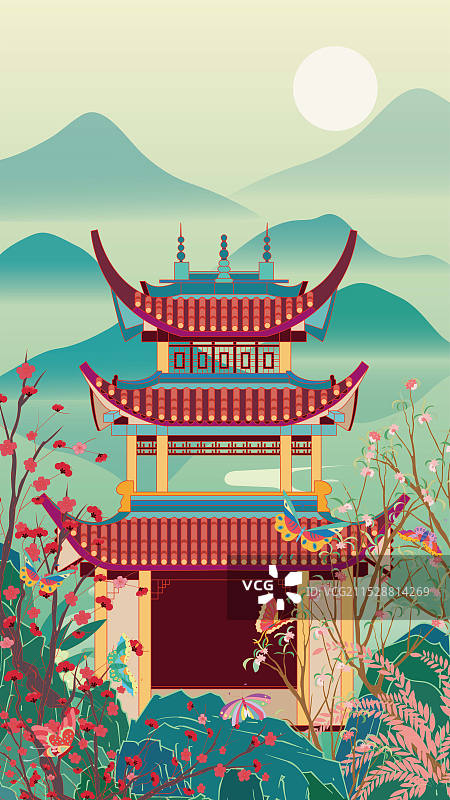 国风地标城市风光矢量插画系列— 安徽 铜陵天井湖公园 通天阁图片素材