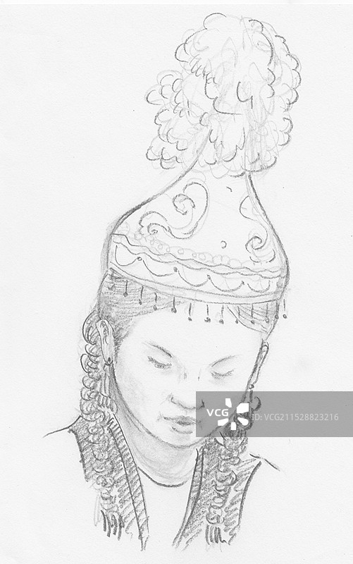 哈萨克族青年女性头像铅笔素描速写人物侧面元素插画图片素材