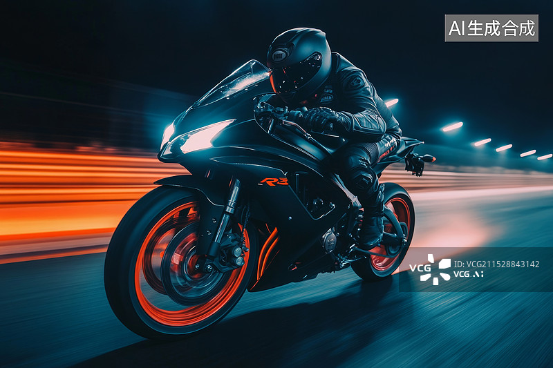 【AI数字艺术】。摩托车手穿着全套防护装备，包括头盔、手套和骑行服，骑着一辆黑色带有橙色装饰的运动型摩托车。背景模糊图片素材