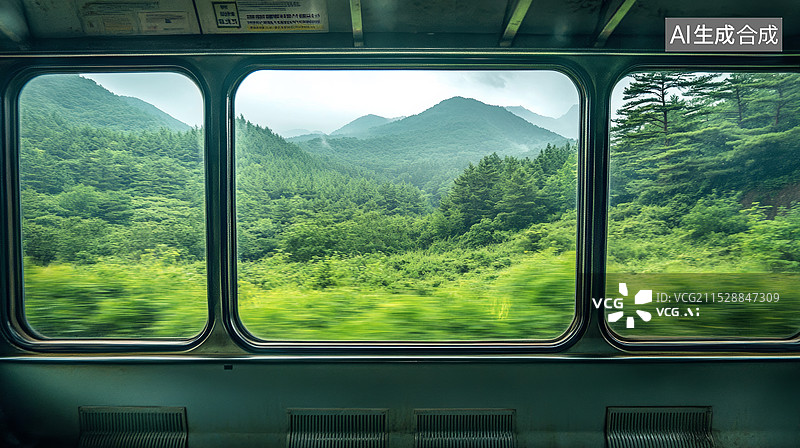 【AI数字艺术】从火车窗户向外看去的美丽风景。窗外是一片广阔的绿色草地，远处是连绵起伏的山脉，天空中有几朵白云漂浮图片素材