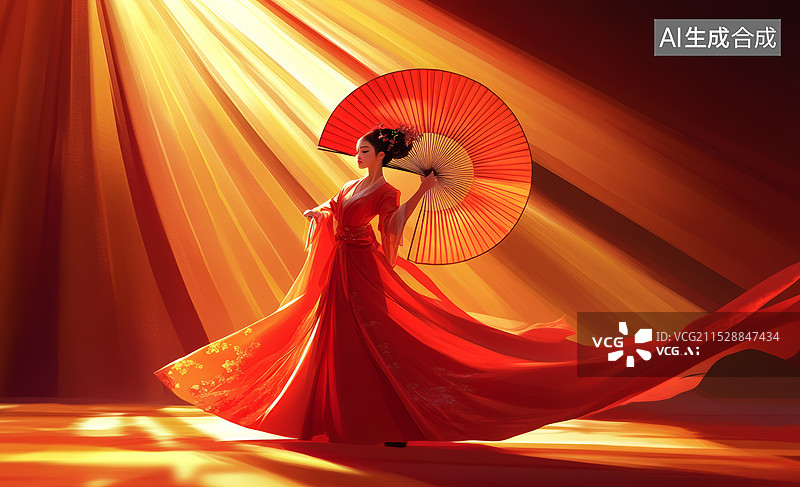 【AI数字艺术】一位身穿红色长裙的女性舞者，在舞台上优雅地挥动着一把红色的扇子。她的动作轻盈而流畅图片素材