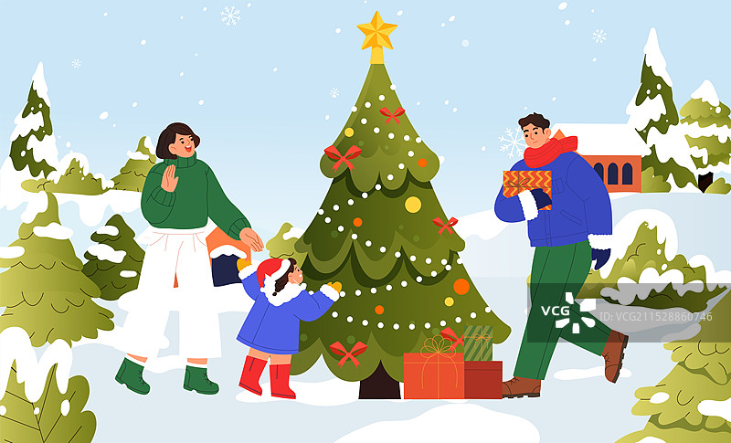 一家人在圣诞树旁图片素材
