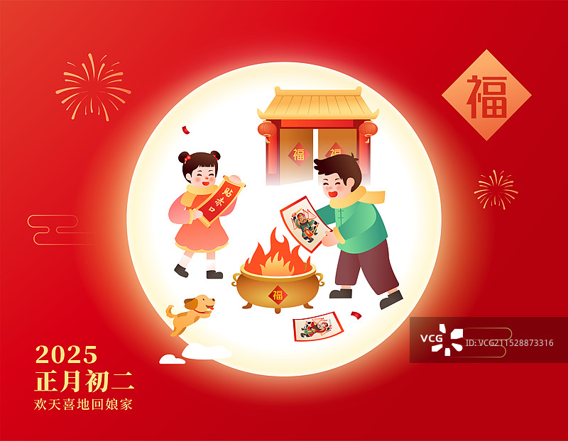 中国传统年俗文化 正月初三 烧门神纸贴赤口 矢量插画海报模版图片素材