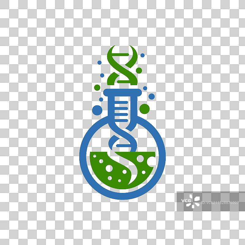 科学烧杯和DNA标志，蓝色和绿色搭配图片素材
