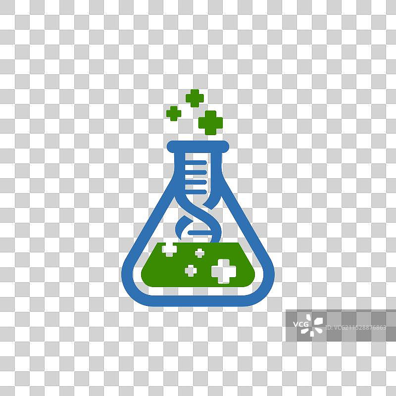 科学烧杯和DNA标志，蓝色和绿色搭配图片素材