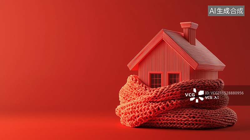 【AI数字艺术】3D写实风卡通房子房屋裹着针织围巾毛毯的抽象取暖设备电热毯暖气地暖冬天温暖概念渐变红色背景图片素材