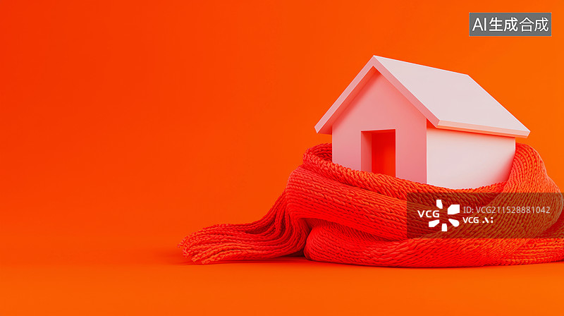 【AI数字艺术】3D卡通房子房屋裹着针织围巾毛毯的抽象取暖设备电热毯暖气地暖冬天温暖概念渐变橘色背景图片素材