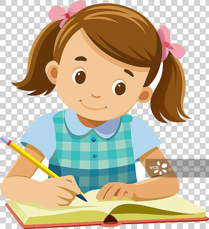 可爱的小女孩用铅笔在笔记本上写字图片素材
