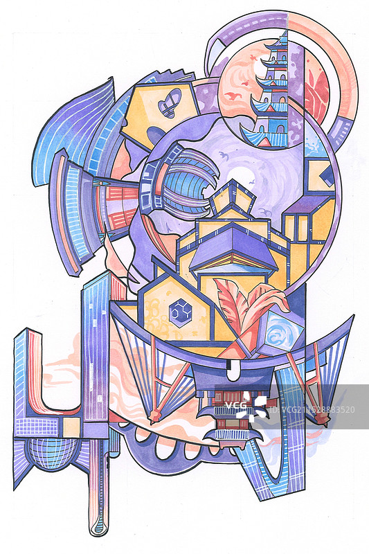 手绘版苏州城市的春和景明图片素材