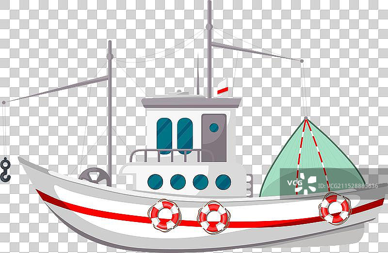 一艘配备渔网和救生圈的渔船图片素材