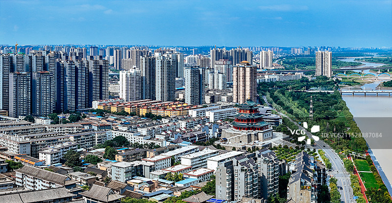 咸阳市 秦都区 清渭楼 渭滨公园 渭河 航拍 地标图片素材