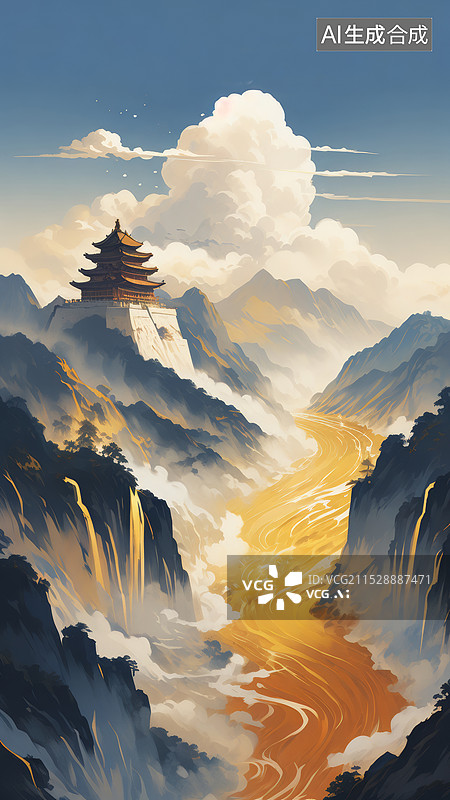 【AI数字艺术】奔流而下的江河路过高山上的建筑图片素材