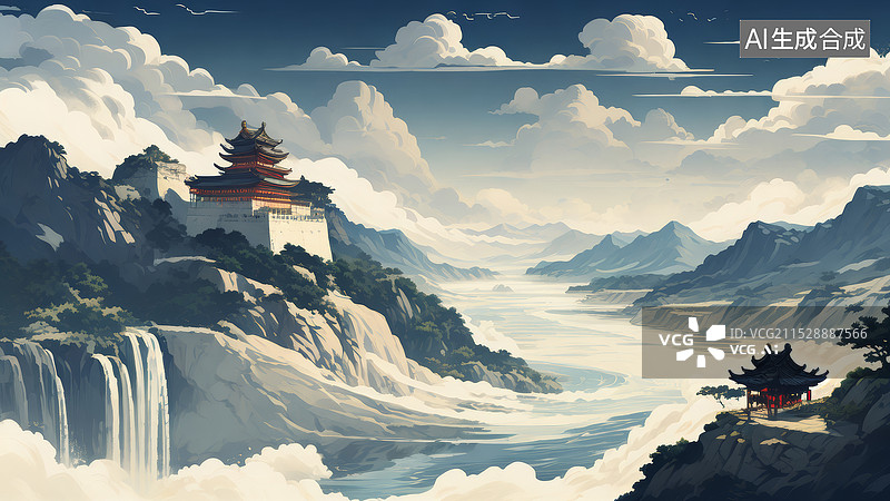 【AI数字艺术】奔流江河边上的亭台楼阁云雾缭绕图片素材