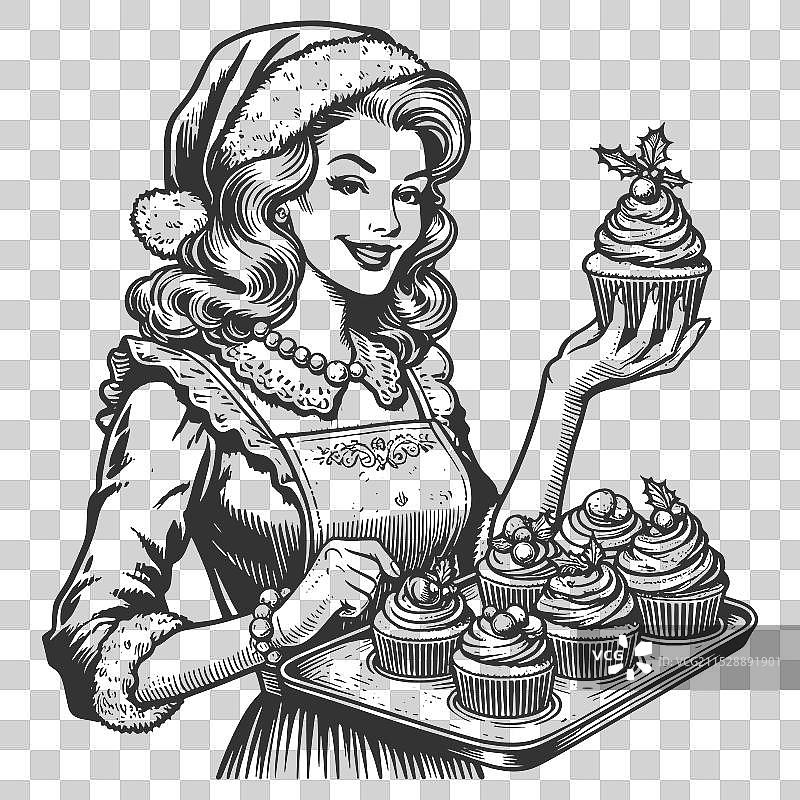 克劳斯夫人手持圣诞杯子蛋糕托盘图片素材