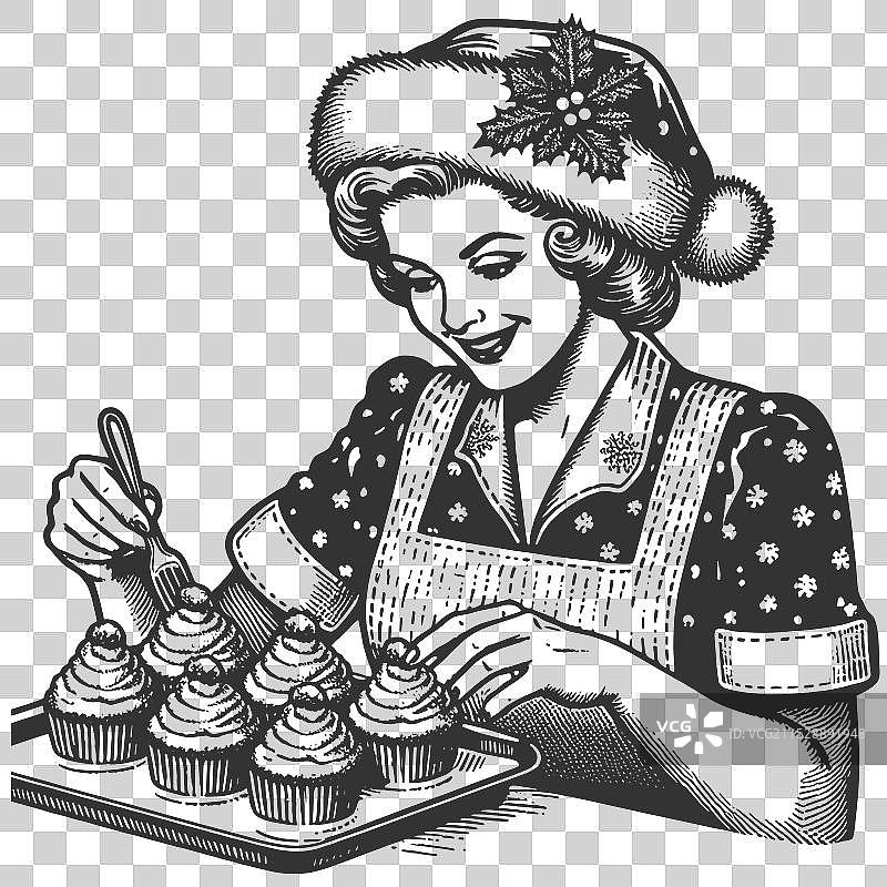 克劳斯夫人手持圣诞杯子蛋糕托盘图片素材