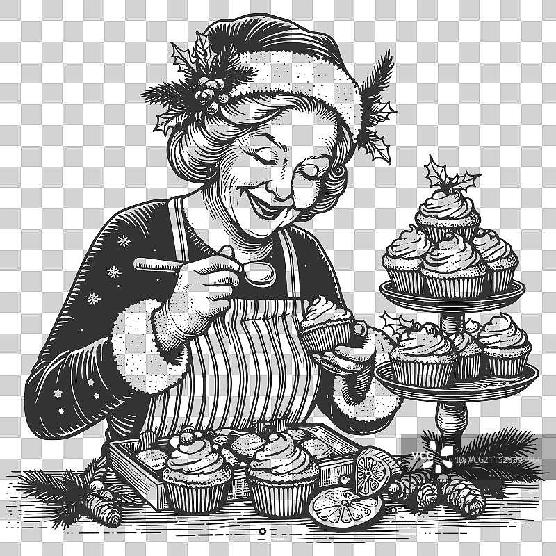 克劳斯夫人正在烘焙圣诞杯子蛋糕图片素材