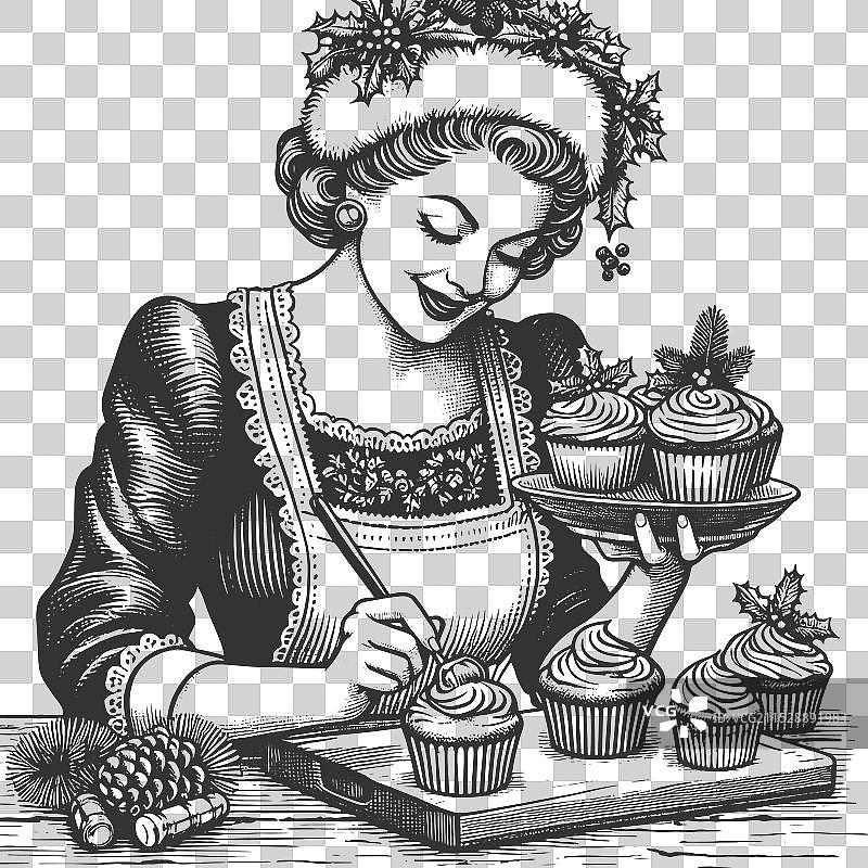 克劳斯夫人手持圣诞杯子蛋糕托盘图片素材