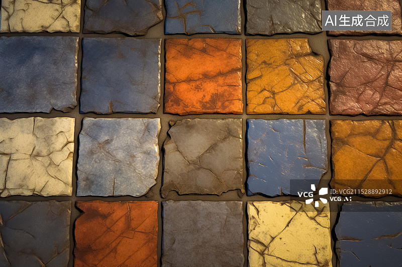 【AI数字艺术】陈旧裂痕中的多彩瓷砖地面图片素材