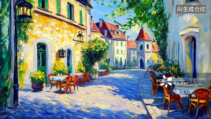 【AI数字艺术】印象派油画风欧洲街道背景图片素材