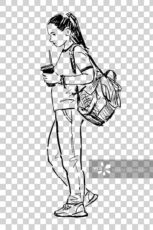 拿着咖啡杯的少女背包素描图片素材