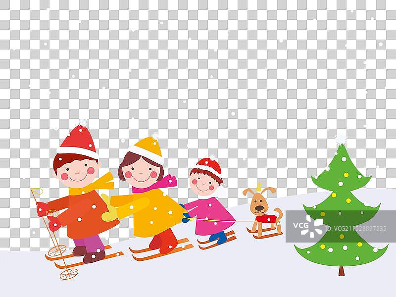 快乐的卡通家庭与狗一起滑雪图片素材
