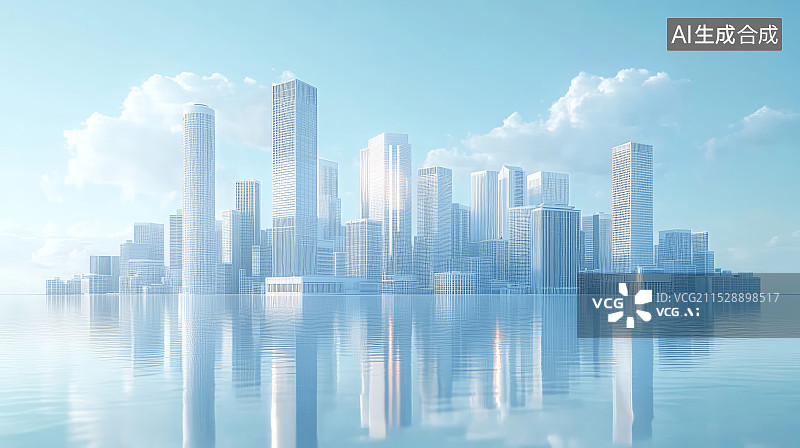 【AI数字艺术】3D渲染白色现代建筑城市天际线倒影背景图片素材