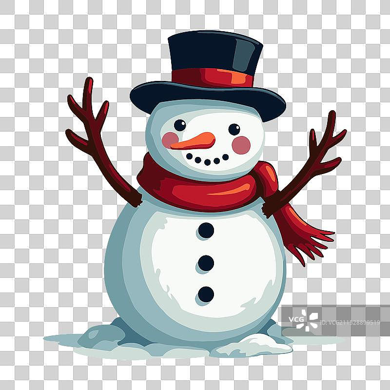 一个戴着帽子和围巾的雪人在站着图片素材