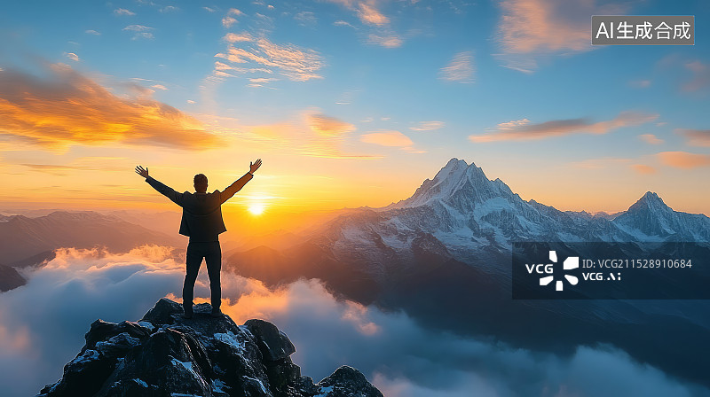 【AI数字艺术】站在山顶的商人高举手臂迎接成功背影图片素材