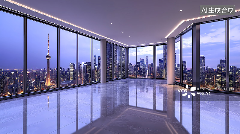 【AI数字艺术】落地窗外的城市天际线夜景图片素材