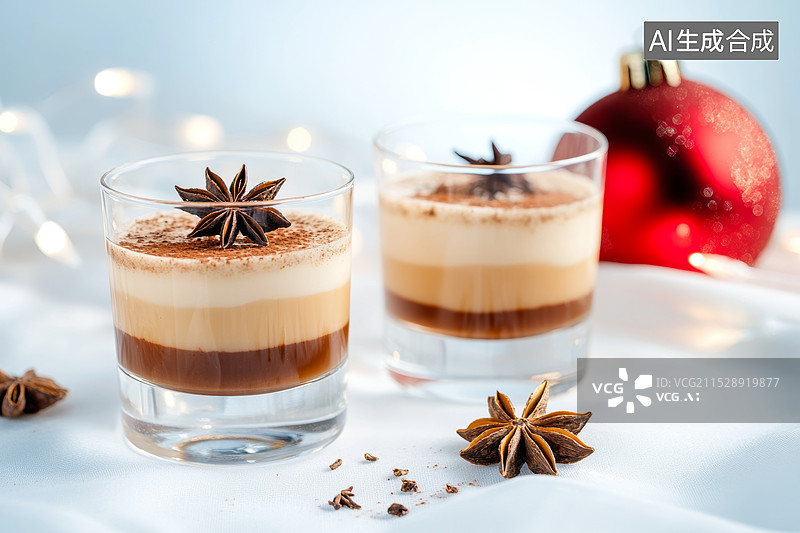 【AI数字艺术】饮料放在桌子上，周围点缀着小灯泡和松果等装饰品。杯子中装满了棉花糖和可可粉，散发出温暖的气息。图片素材