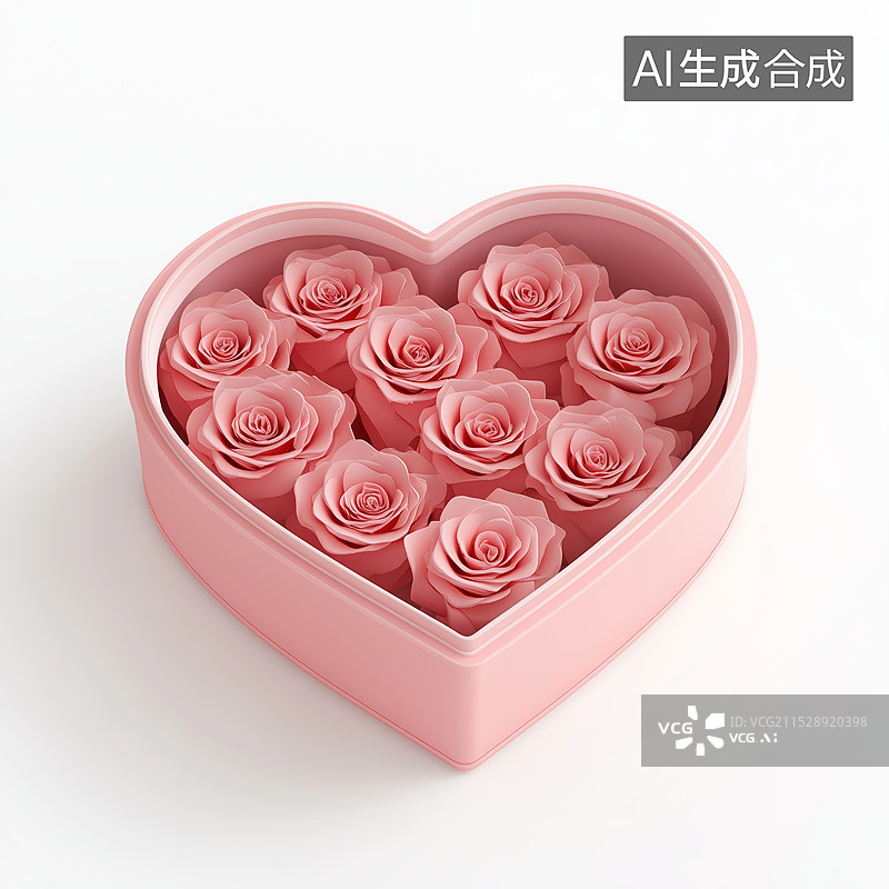 【AI数字艺术】3D情人节粉色卡通爱心玫瑰花礼盒元素图片素材
