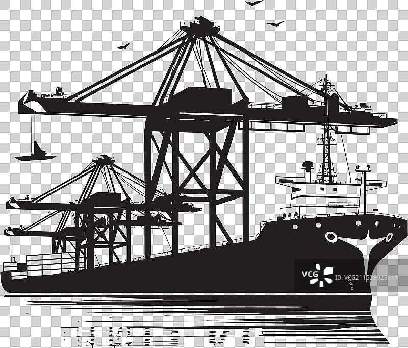 码头的起重机正在装载货物到货船上图片素材