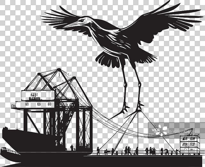 港口强力起重机装载货船设计图片素材