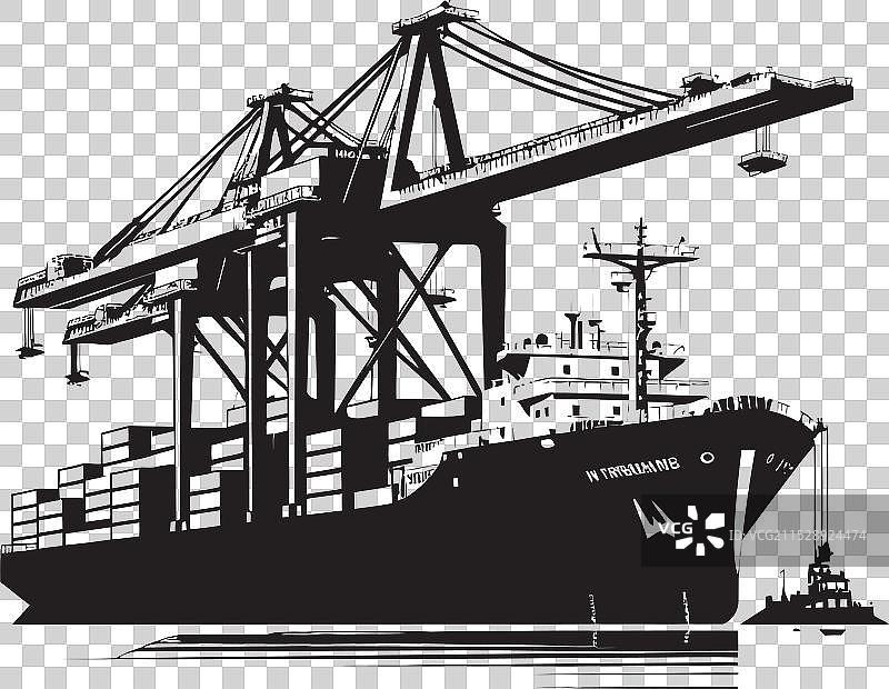 码头霸主：起重机正在装载货船图片素材