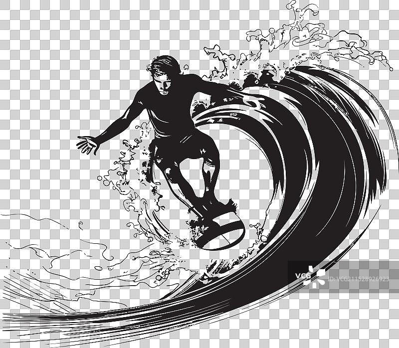 冲浪者剪影标志设计，展示一名男子在冲浪图片素材