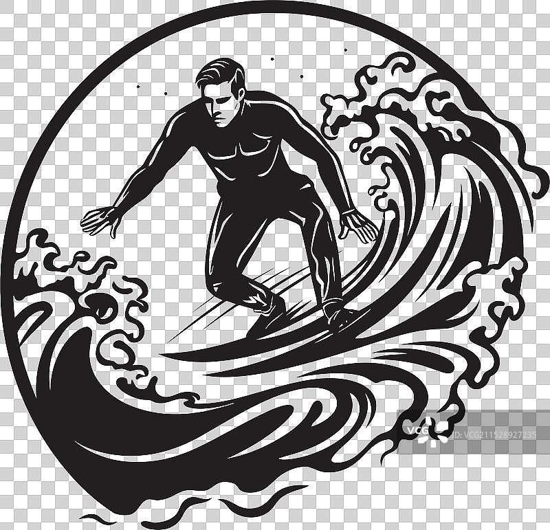 冲浪者精神图标，骑在波浪上的男士标志图片素材