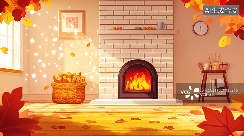 【AI数字艺术】插画风格壁炉图片素材