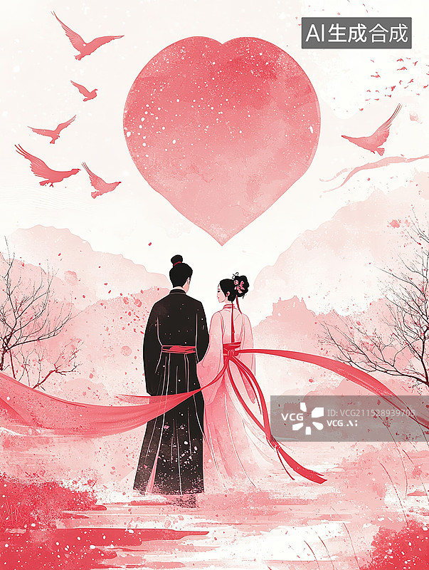 【AI数字艺术】七夕牛郎织女鹊桥相会插画图片素材