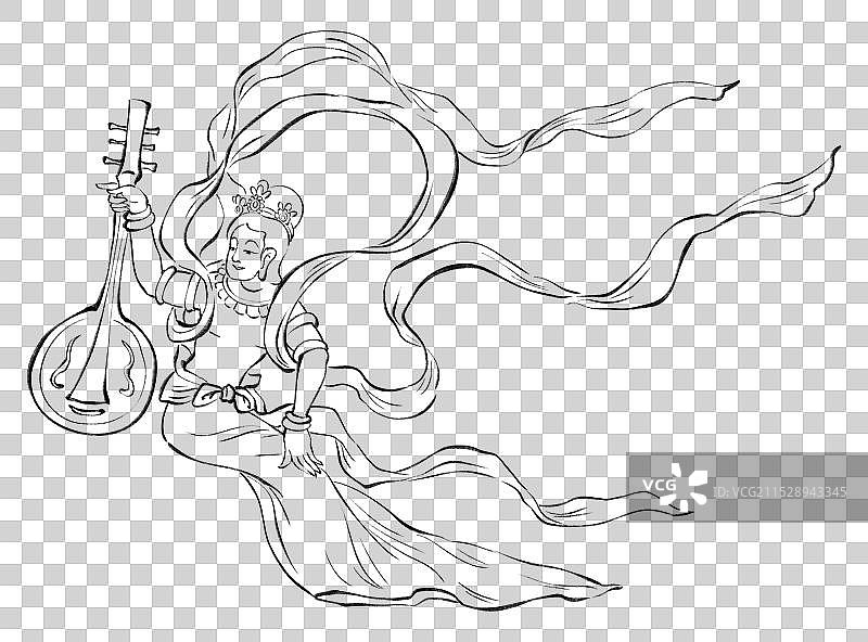 手绘敦煌飞天白描线稿元素图片素材