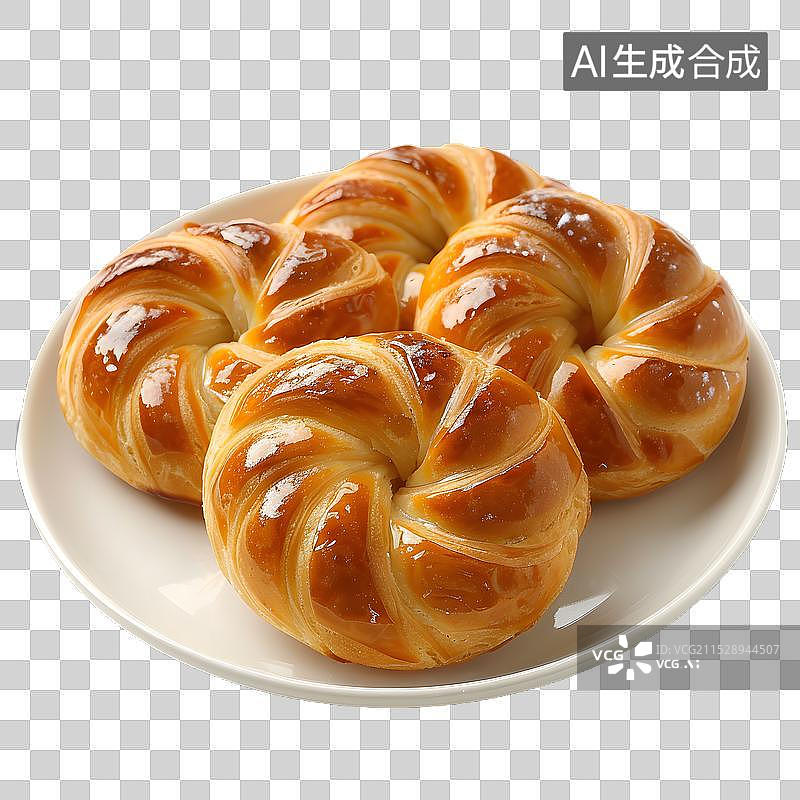 【AI数字艺术】免抠|白色盘子里的三个金黄酥皮面包图片素材