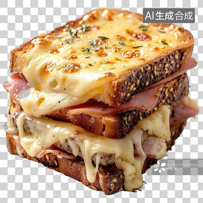 【AI数字艺术】免抠|令人垂涎欲滴的火腿芝士三明治，上面图片素材