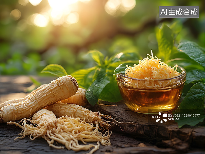 【AI数字艺术】人参树人参片参茶等滋补品图片素材