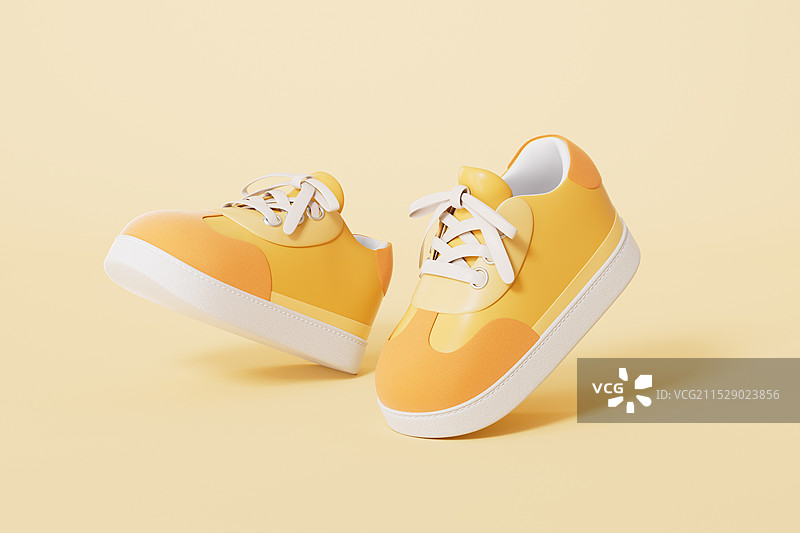 黄色背景下的运动鞋，3D渲染图片素材