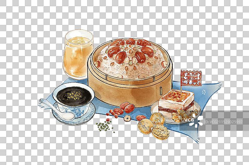 八宝饭消寒糕核桃芝麻糊大寒节气中国传统美食—国画古风水墨国风元素图片素材