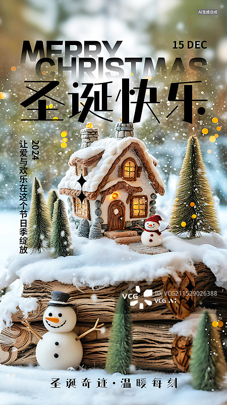 【AI数字艺术】圣诞节冬季风景微观场景竖版促销海报图片素材