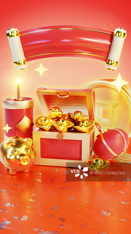 3D立体春节金元宝金猪宝箱海报背景图图片素材