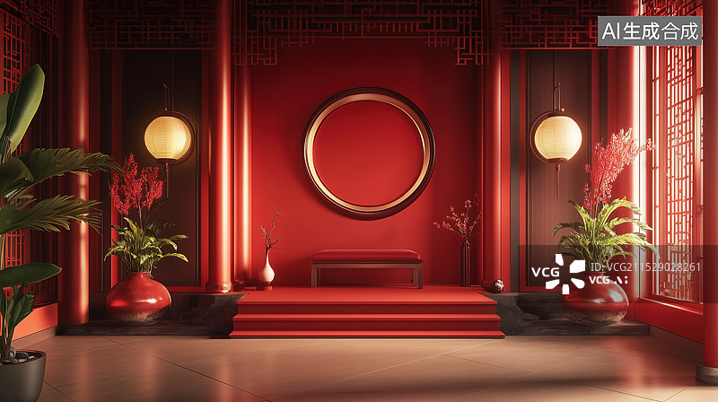 【AI数字艺术】中式风格建筑红色喜庆大堂客厅高端背景图片素材