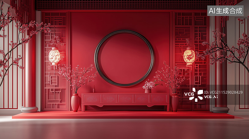【AI数字艺术】中式风格建筑红色喜庆大堂客厅高端背景图片素材