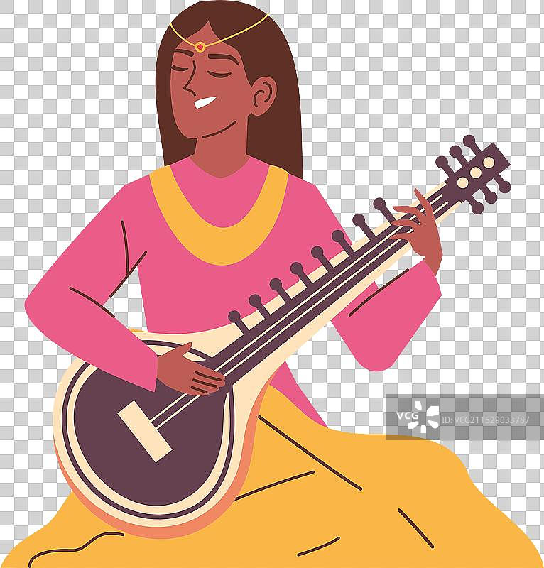 卡通印度女性演奏西塔琴图片素材